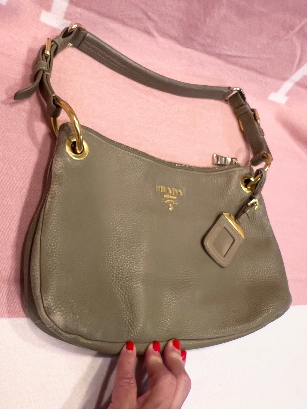 Prada🌟 Olive-Taupe Pebbled Leather Shoulder Bag with Gold Hardware